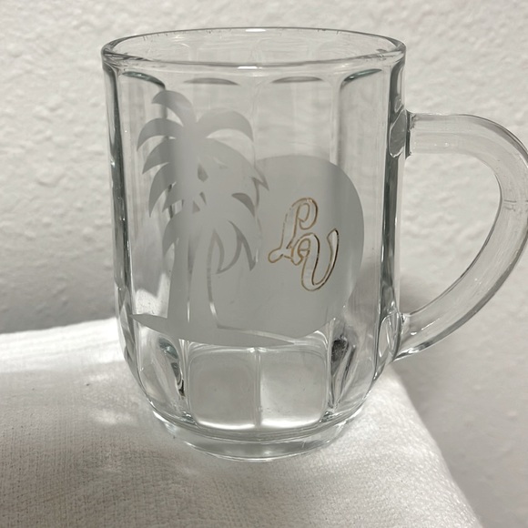 5/$25 Gold-lined letters LV Beveled & etched vintage mug Palm trees & Sunset - Picture 1 of 5